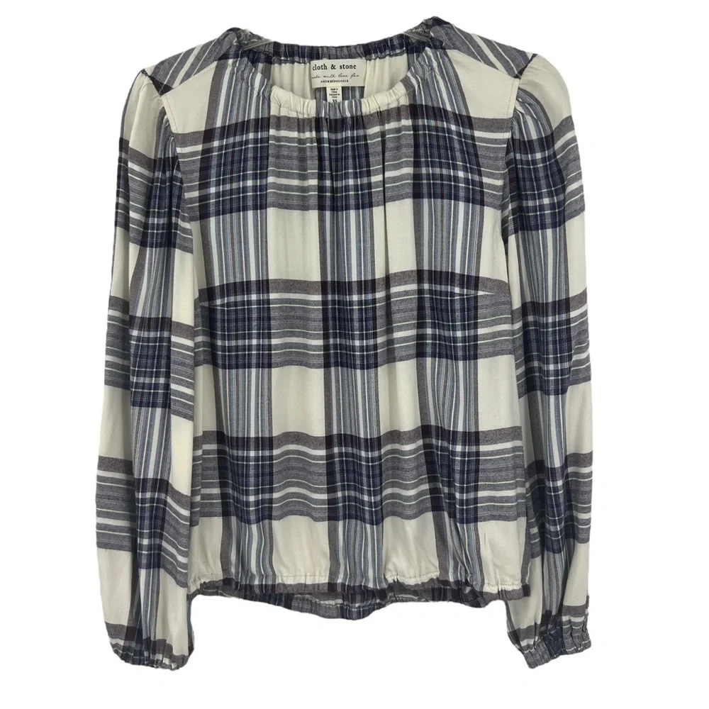 Anthropologie Cloth & Stone XS Glacier Plaid Blouse White Blue Check - Picture 2 of 9
